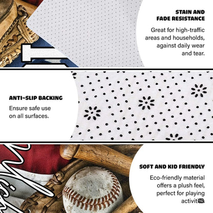 Infographic showing the non-skid dot backing and edge stitching of the baseball rug - thumbnail image 4 of 8