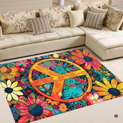 Top-down view of a hippie peace sign necklace inspired bohemian floor rug with vibrant pink and turquoise petals. - thumbnail image 2 of 5