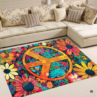 Top-down view of a hippie peace sign necklace inspired bohemian floor rug with vibrant pink and turquoise petals. - thumbnail image 2 of 5