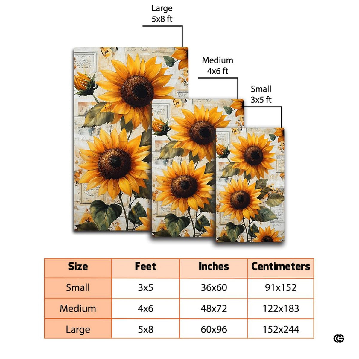 Dimensions and sizing chart for vintage botanical script sunflower area rug - image 2 of 7