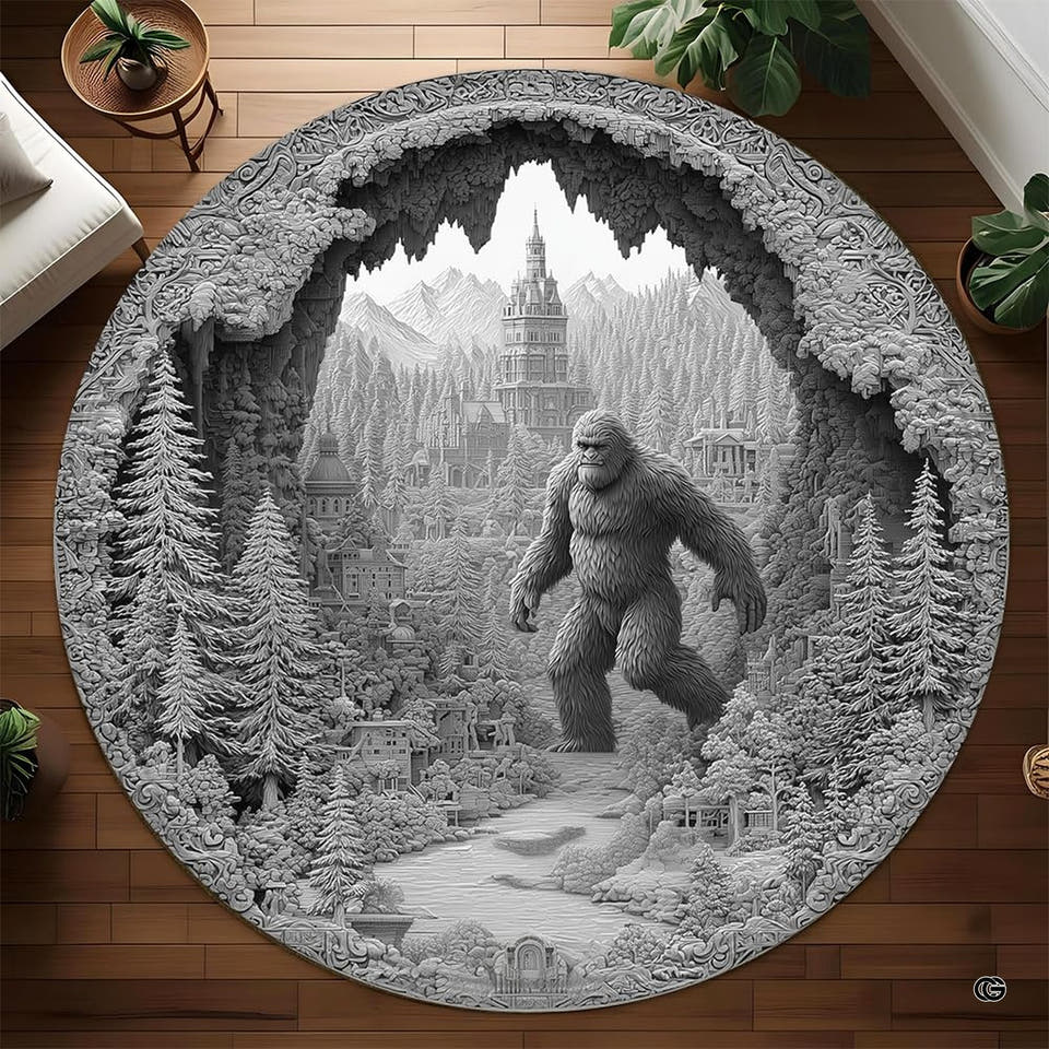 Round Yeti rug walking through a snowy mountain village