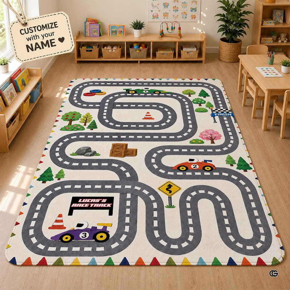 Children toy car roadway area rug placed on playroom wood flooring in front of toy storage units