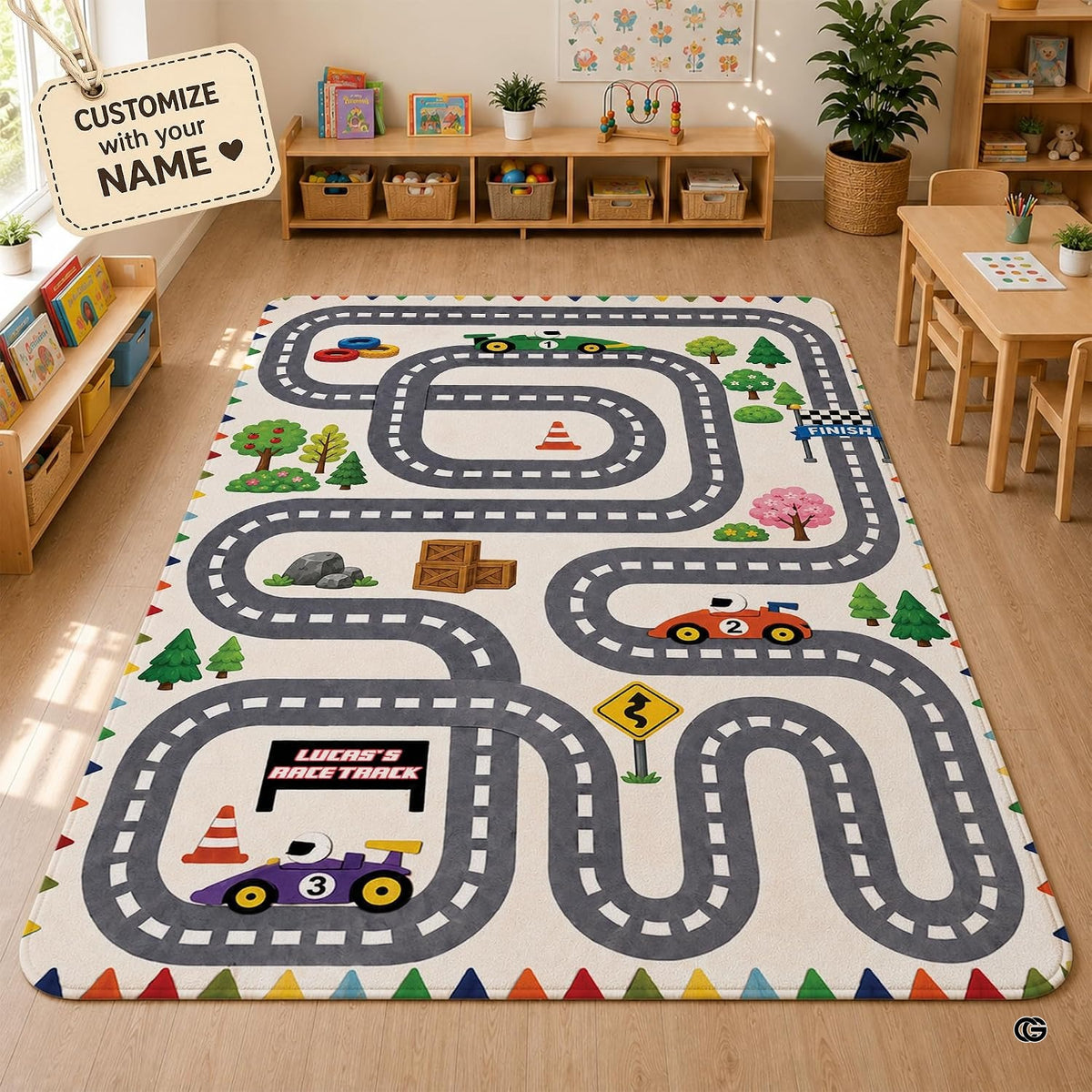 Children toy car roadway area rug placed on playroom wood flooring in front of toy storage units