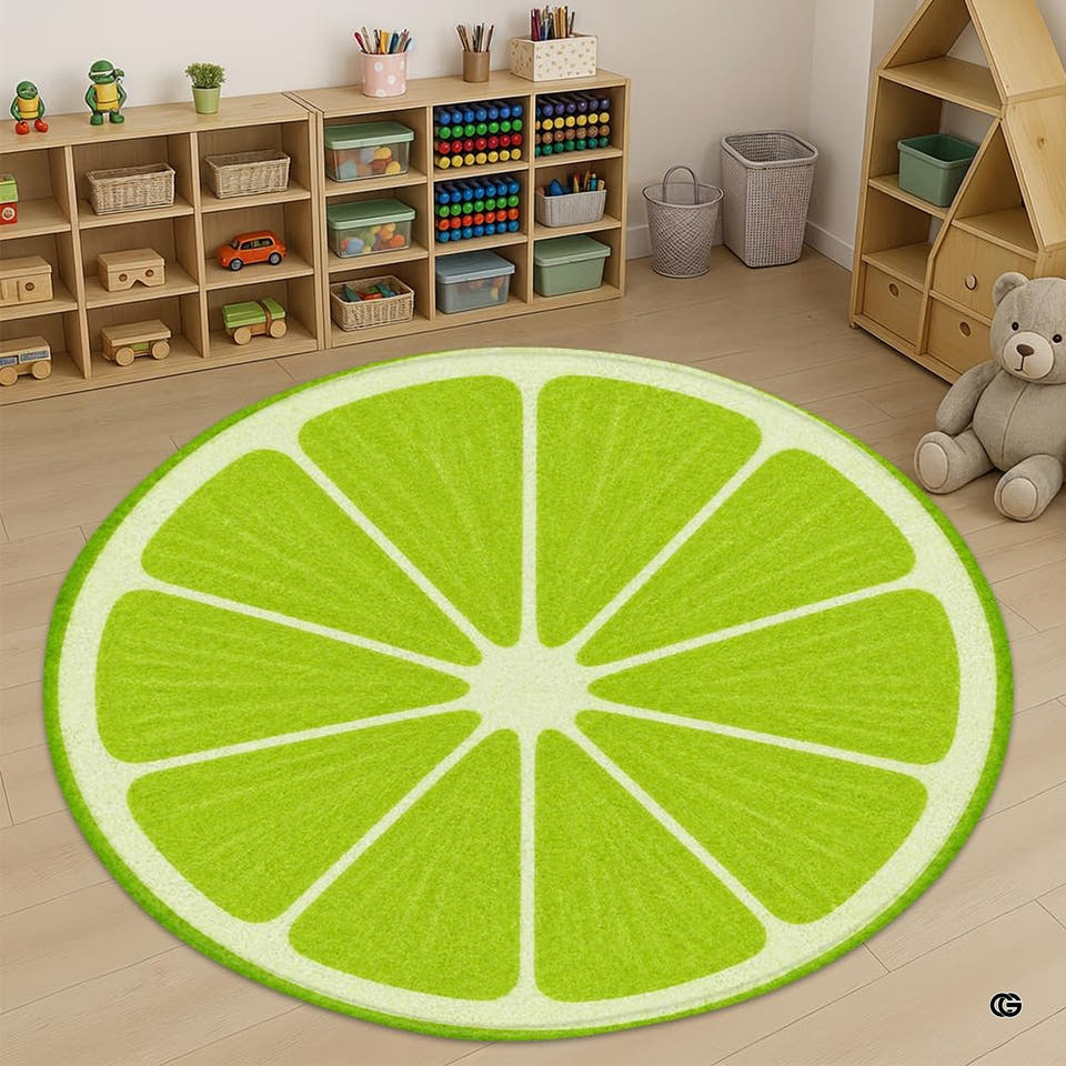 Round lime slice rug in a bright nursery