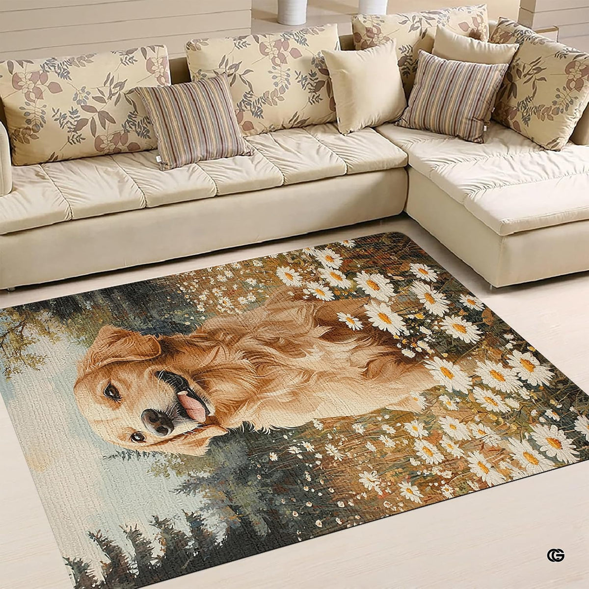 Cozy living room corner with patterned cushions showcasing the dog and daisy field rug