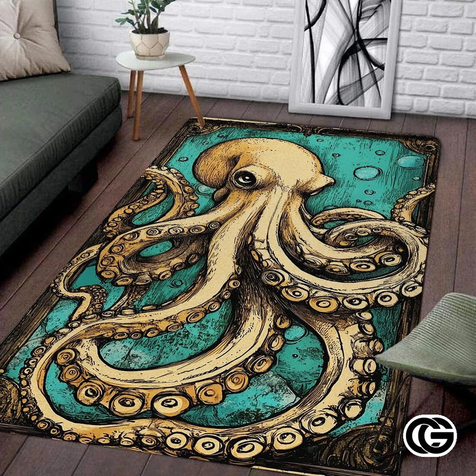 Custom Octopus Welcome Mat with Coastal Theme and Vintage Style