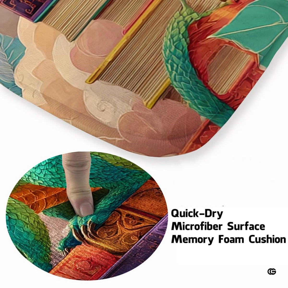 Emerald green and orange winged dragon perched on antique storybooks against a sky of pastel clouds area rug. - image 3 of 6