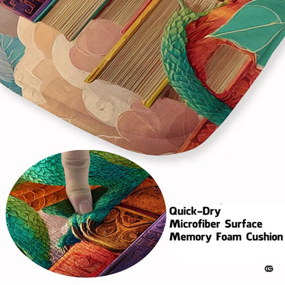 Emerald green and orange winged dragon perched on antique storybooks against a sky of pastel clouds area rug. - thumbnail image 3 of 6