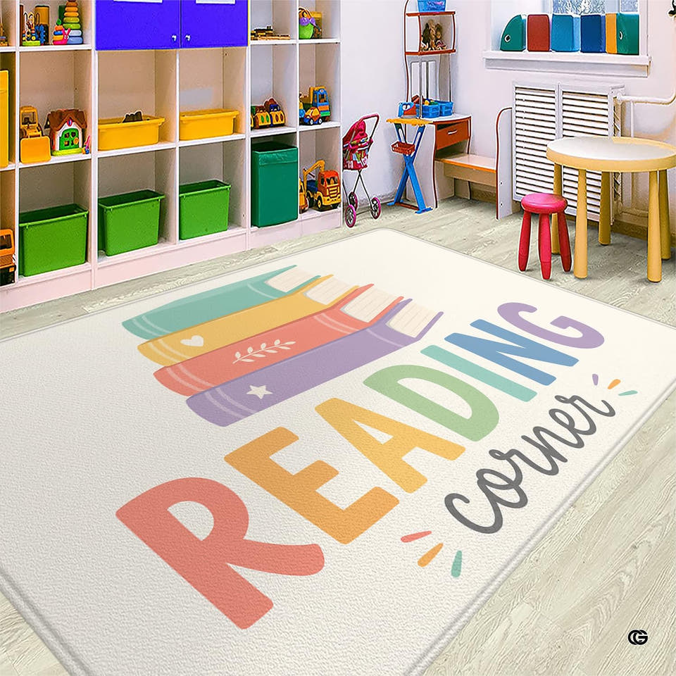 Storybook classroom area rug showing stacked pastel volumes and playful lettering on warm cream.