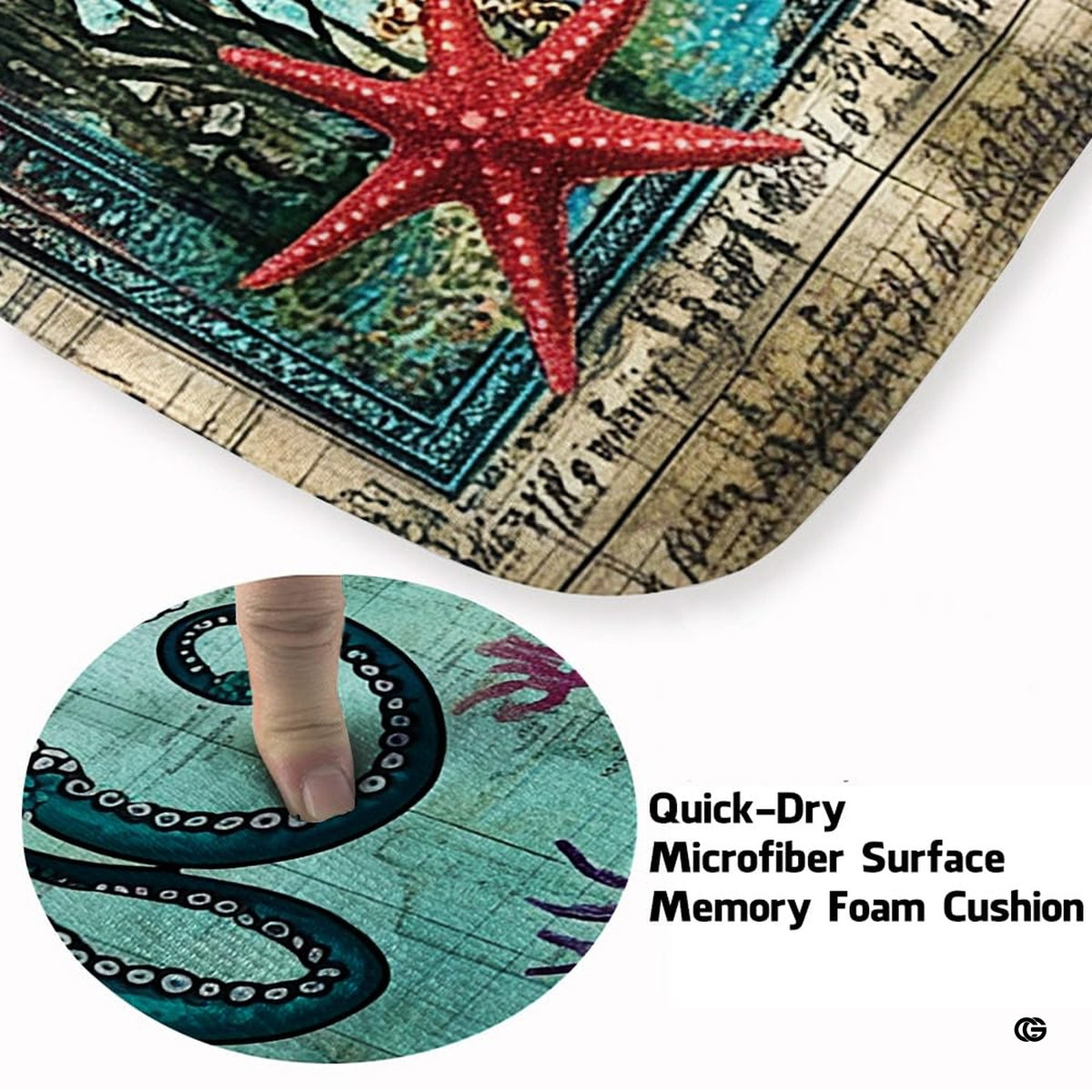 Wide room view showing the nautical sea life area rug coordinating with ocean art and coastal home furnishings.