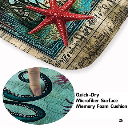Wide room view showing the nautical sea life area rug coordinating with ocean art and coastal home furnishings. - thumbnail image 7 of 7