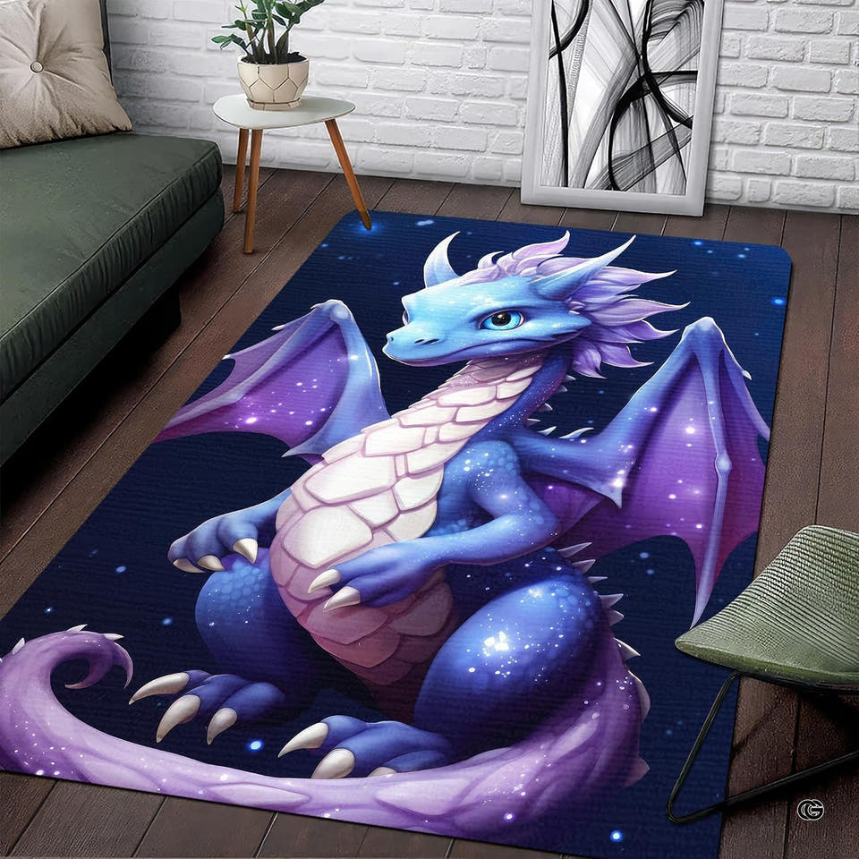 Cute baby dragon area rug displaying starry sky background staged before a dark sofa.
