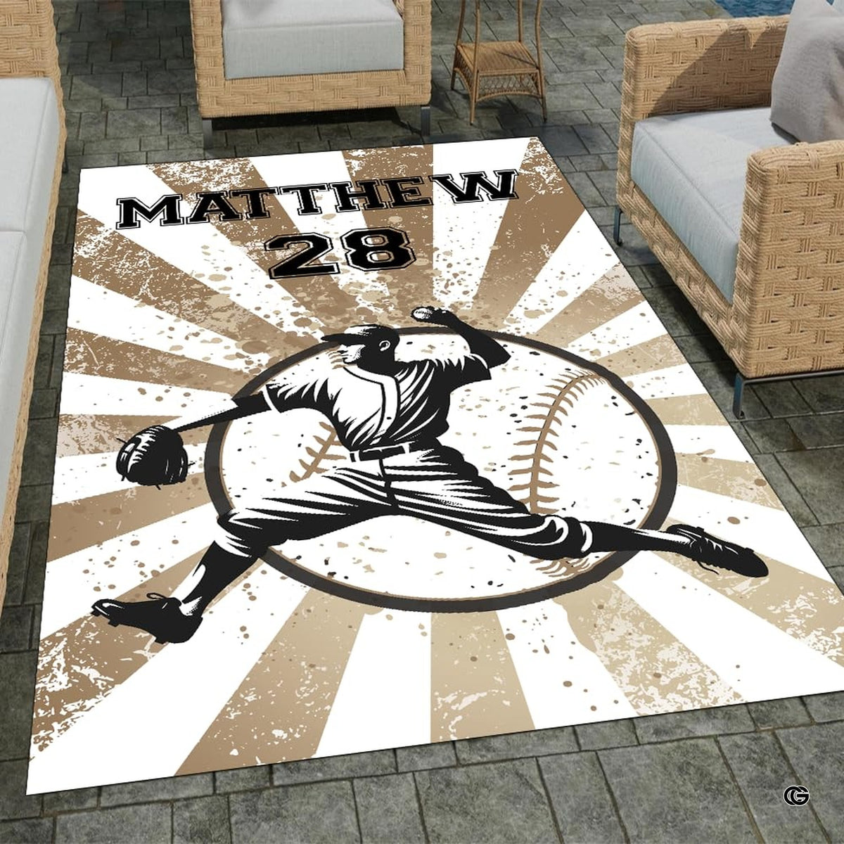 Angled visual display of baseball themed sports area rug complementing modern room decor.