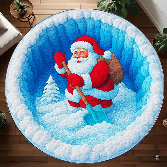 Santa optical illusion round area rug displaying Santa Claus inside an icy snow cavern.