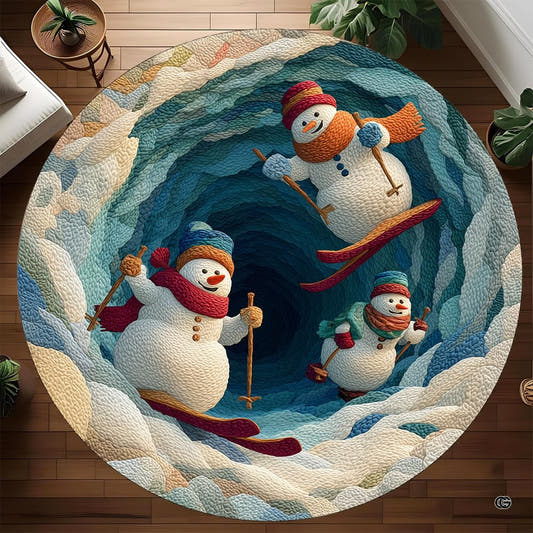 Round rug with three skiing snowmen in a deep blue snow cave