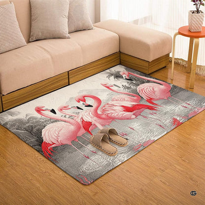 Home lounge setup displaying the coastal pink flamingo water floor carpet - thumbnail image 7 of 7