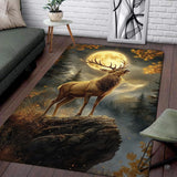 Majestic stag overlooking nocturnal lake and pine trees on a natural forest floor expert area rug.