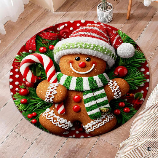 Round gingerbread Christmas rug with candy cane, striped hat and scarf, evergreens, berries, and red ornaments