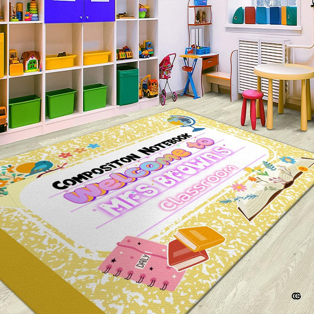 Classroom reading corner mockup featuring the sunny yellow composition notebook rug - image 2 of 8