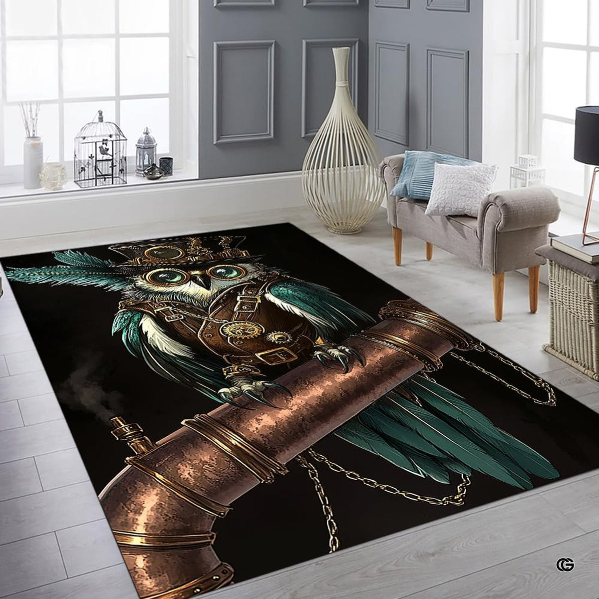 Decor layout featuring steampunk owl area rug anchoring a study room decor theme. - image 8 of 8