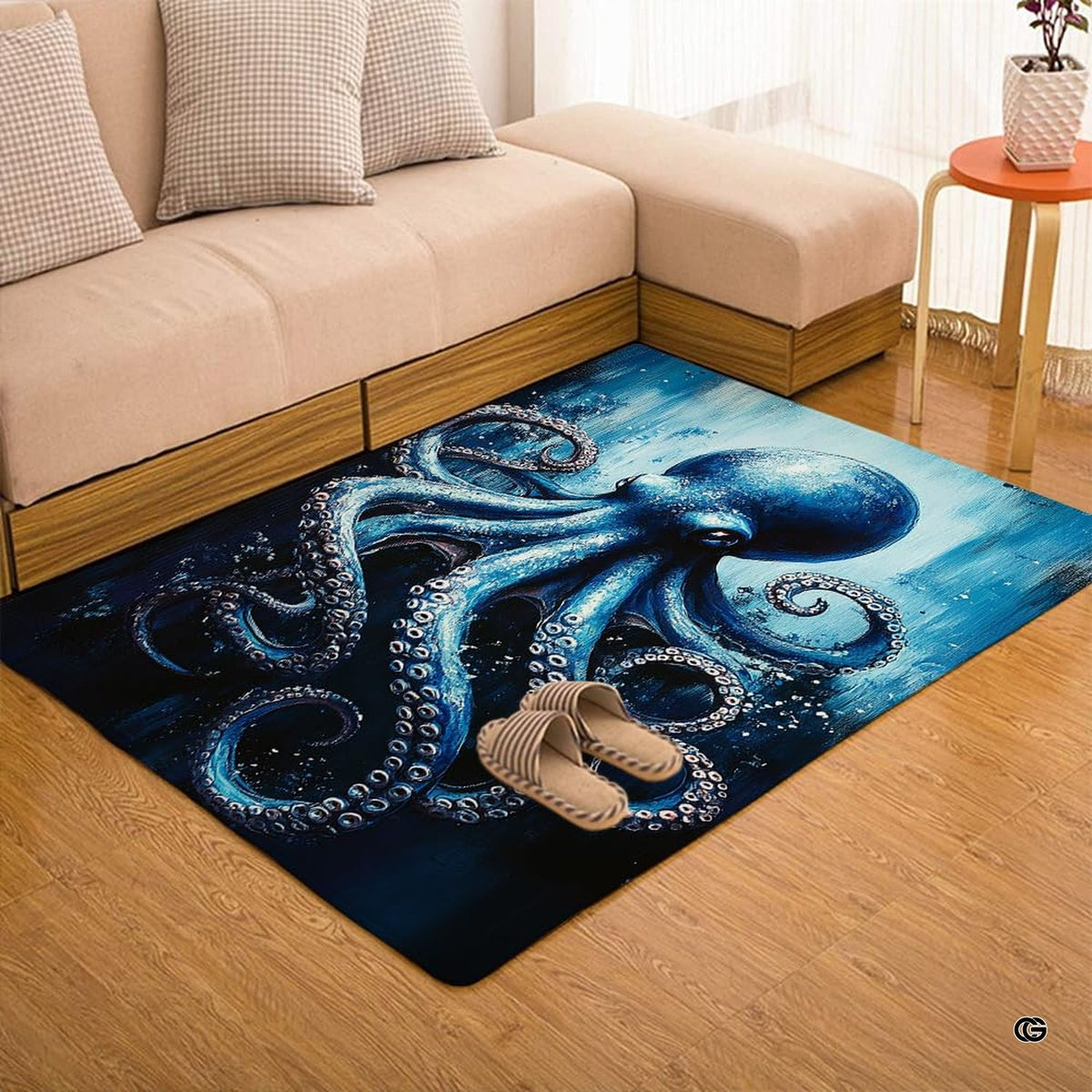 Close up texture detail showing soft pile surface and stitching of octopus area rug.