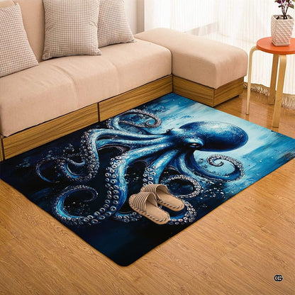 Close up texture detail showing soft pile surface and stitching of octopus area rug. - thumbnail image 3 of 7