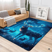Living room styled with a royal blue magical forest rug displaying a glowing celestial stag. - thumbnail image 3 of 5
