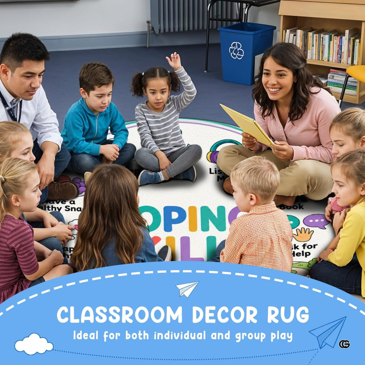 Quiet corner rug with smiling sun icons and soothing nature graphics for school wellness nooks.