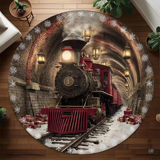 Round area rug displaying a vintage polar express train engine moving through a snowy brick tunnel.