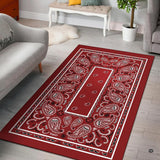 Traditional area rugs featuring crimson Western bandana print and teardrop boteh flourishes.