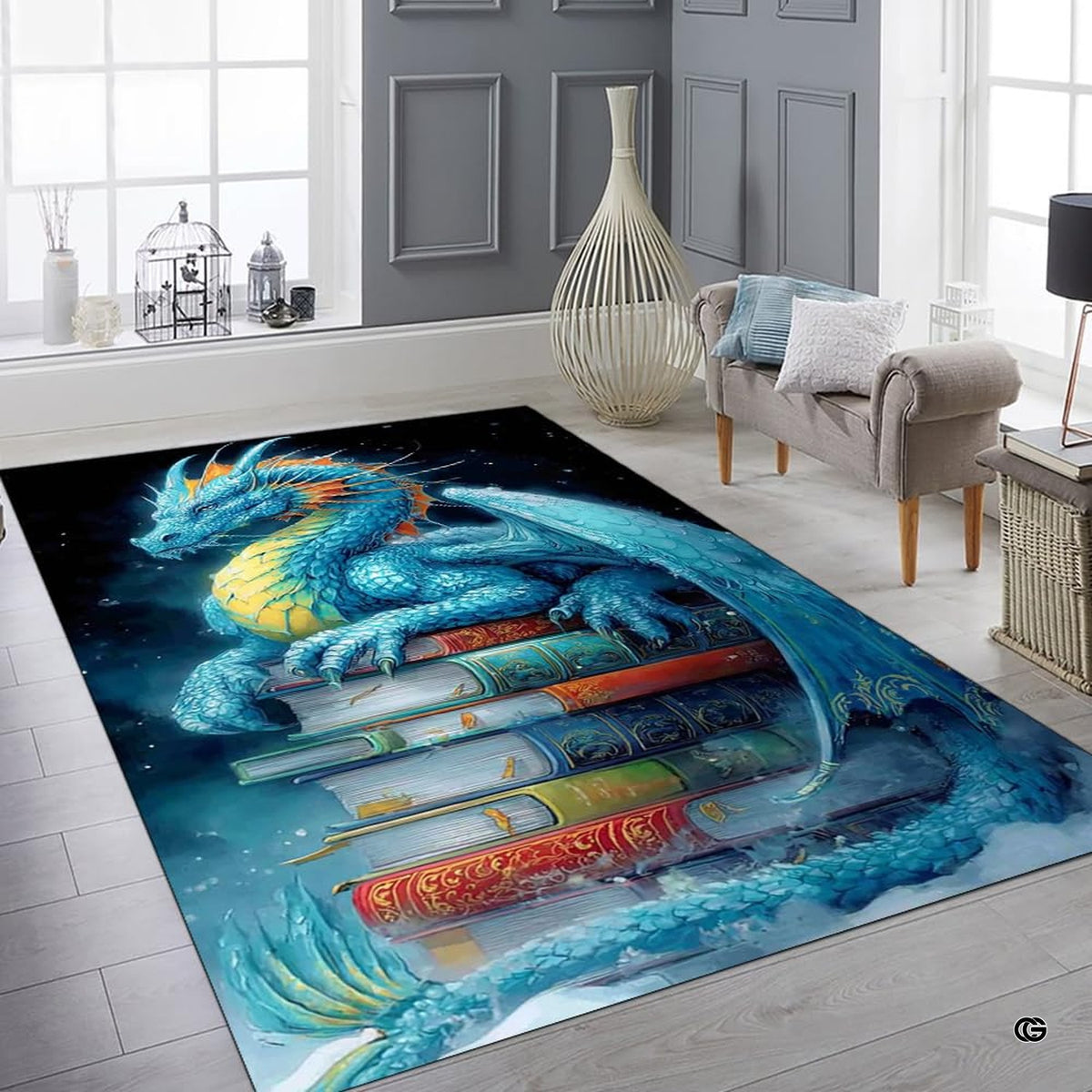 Majestic azure cyan blue dragon with golden horns resting on a tall stack of vintage leather-bound books area rug. - image 6 of 8