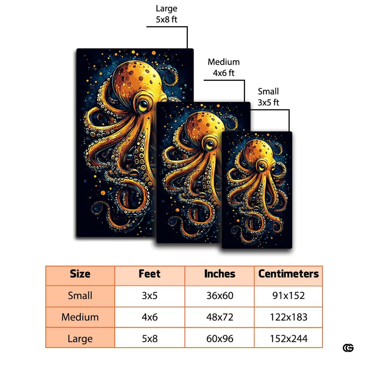 Dimensions and sizing options chart for graphic golden octopus living room area rug - image 2 of 7