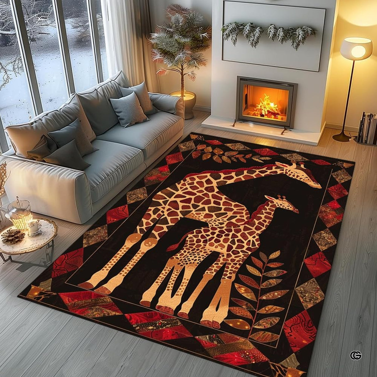 Overhead floor layout view of the dark espresso giraffe mother and calf area rug - image 7 of 7