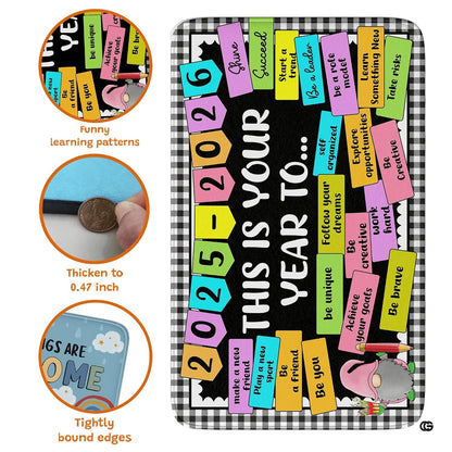 Detailed view of the vibrant lime, yellow, and pink stationery illustrations across the rug center. - thumbnail image 5 of 8
