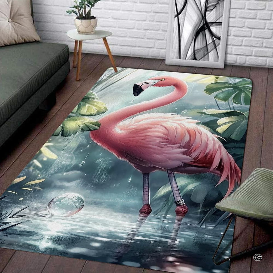 Tropical rainforest pink flamingo mist living room area rug in a modern living space