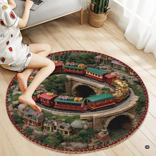 Vintage holiday steam train railway viaduct circular area rug in top overhead view