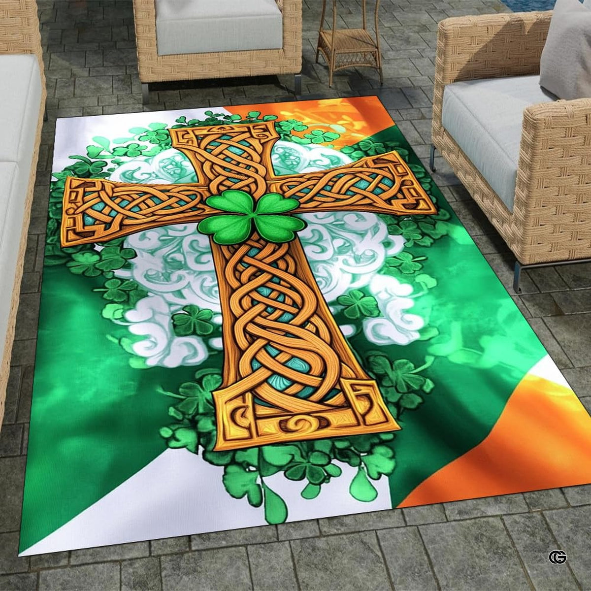 Home lounge setup displaying the Irish tricolor Celtic cross floor carpet - image 7 of 8