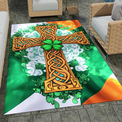 Home lounge setup displaying the Irish tricolor Celtic cross floor carpet - thumbnail image 7 of 8