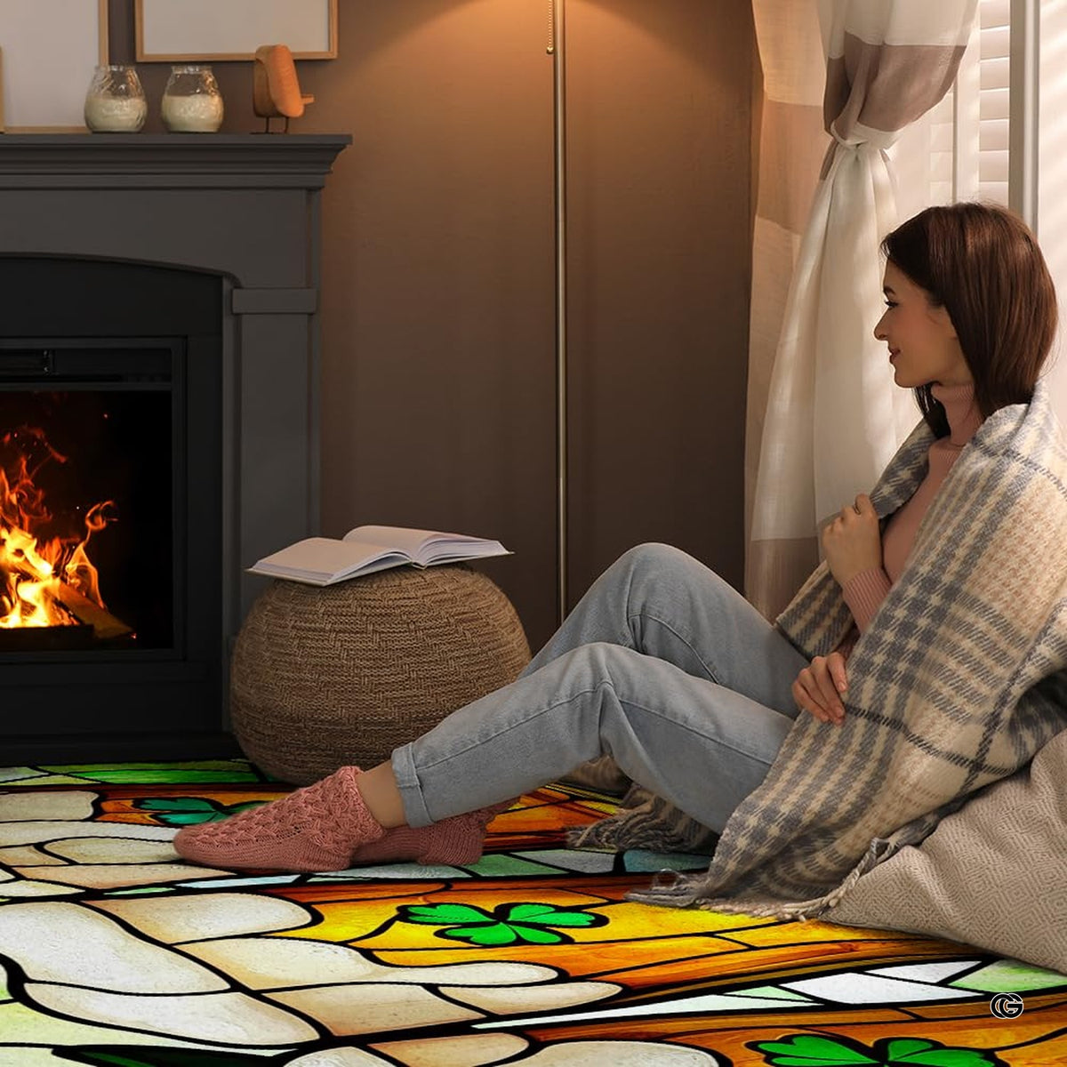Pub floor arrangement featuring the stained glass Irish beer glasses area rug