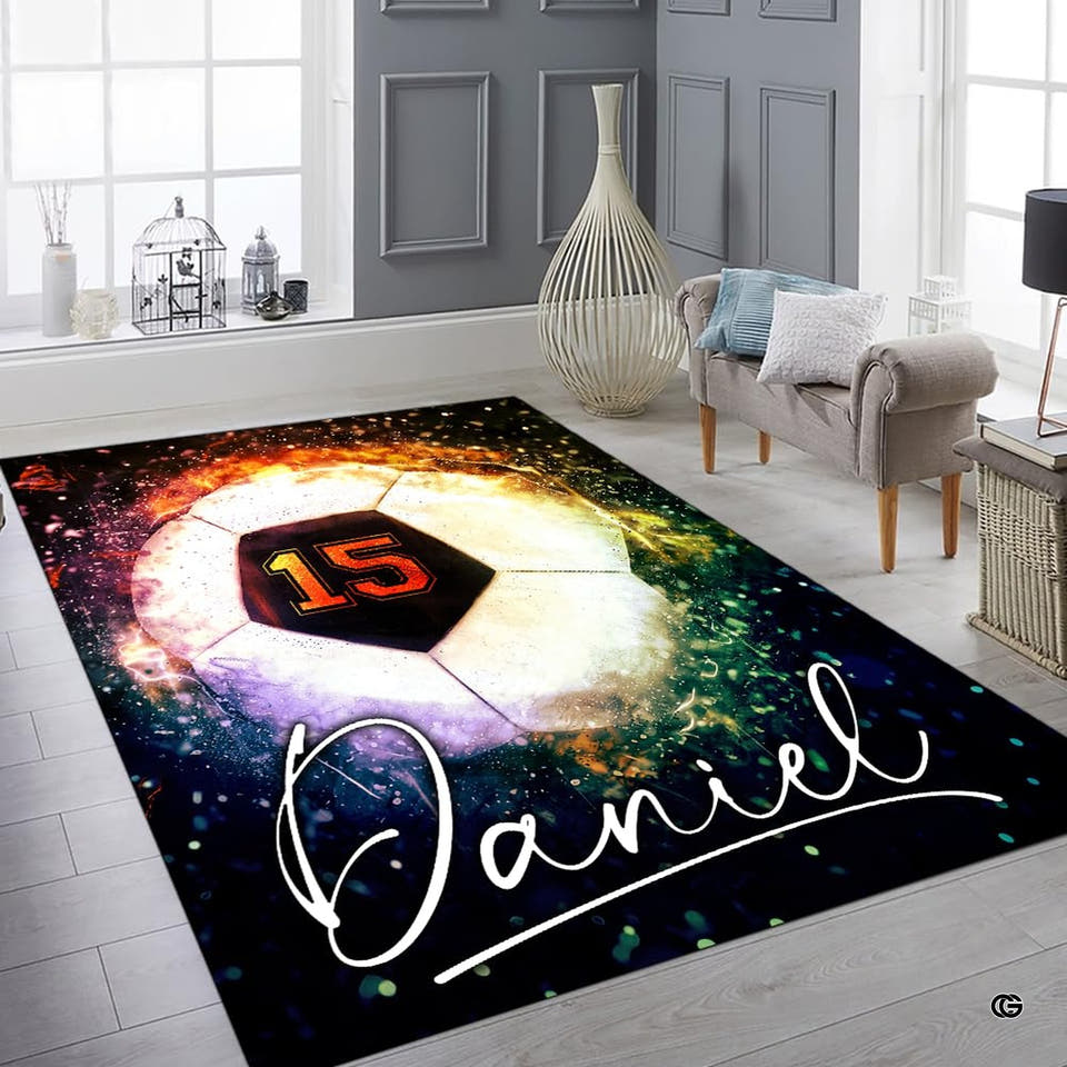 Blazing soccer ball area rug glowing with fiery embers thematic accent a celestial nebula background.
