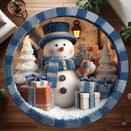Round snowman rug with blue scarf, wrapped gifts and white trees