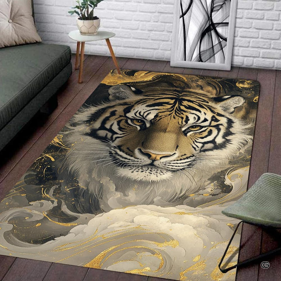 Bengal tiger area rug featuring detailed fur portrait with ethereal smoky mist and fluid gold marble swirls.