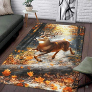 Whitetail deer area rug showcasing a leaping buck in an autumn forest with golden foliage. - thumbnail image 1 of 5