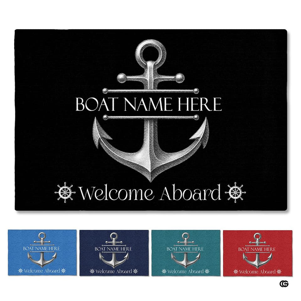 Personalized Nautical Doormat with Boat Name & Location – Custom Anchor Welcome Mat for Fishing Boat, Yacht, or Dock – Outdoor Indoor Floor Rug for Cabin, Ship (Nautical 06)