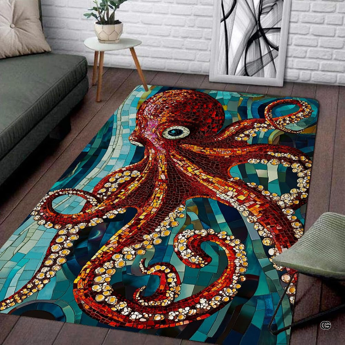 Ocean sea creatures stained glass octopus area rug centered on wooden floorboards. - image 1 of 7