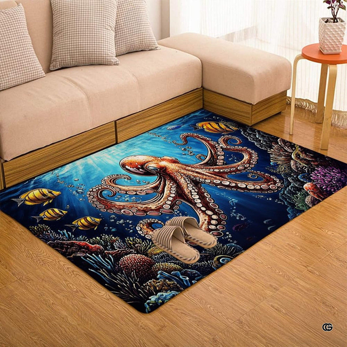 Close up texture detail showing soft pile surface and stitching of octopus area rug. - image 3 of 7