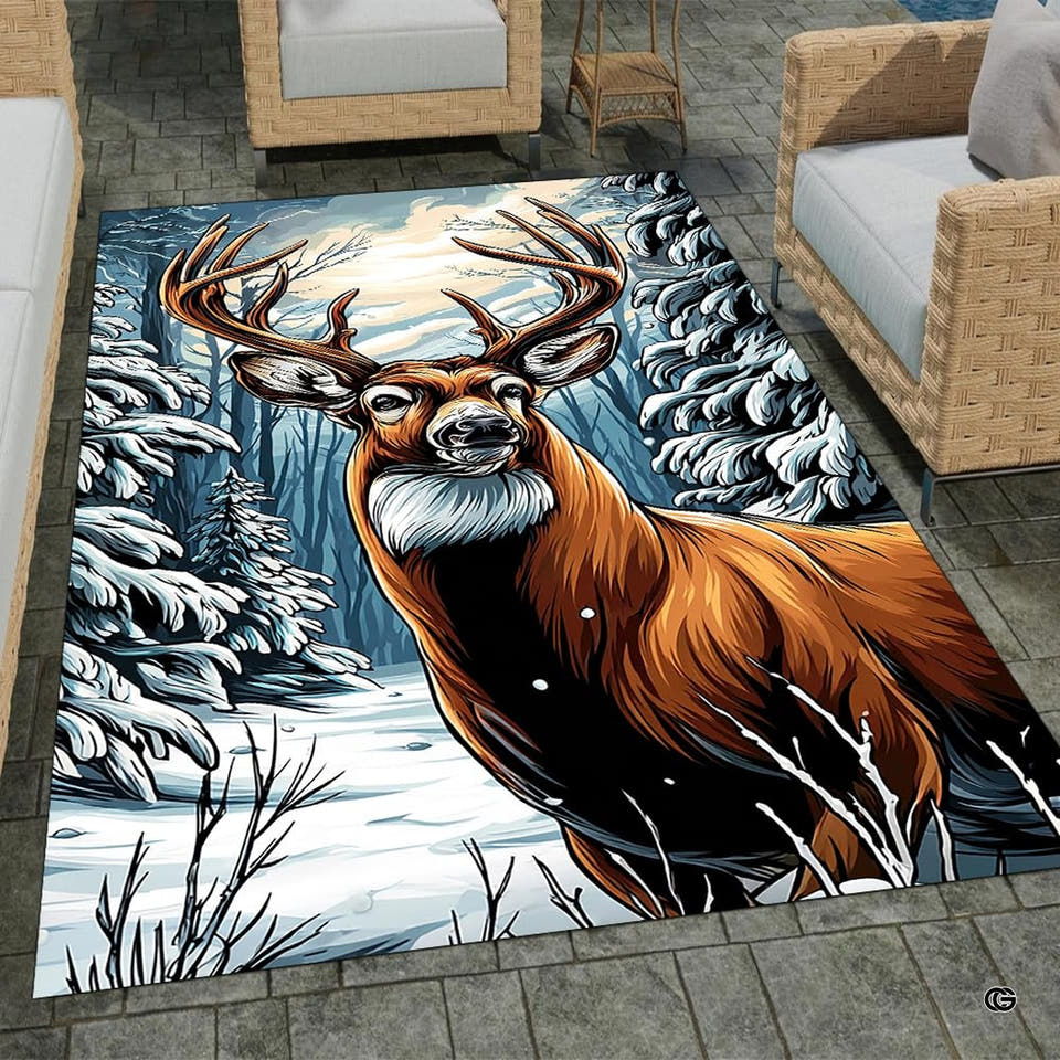 Majestic winter stag antlers forest rectangular area rug in top overhead view
