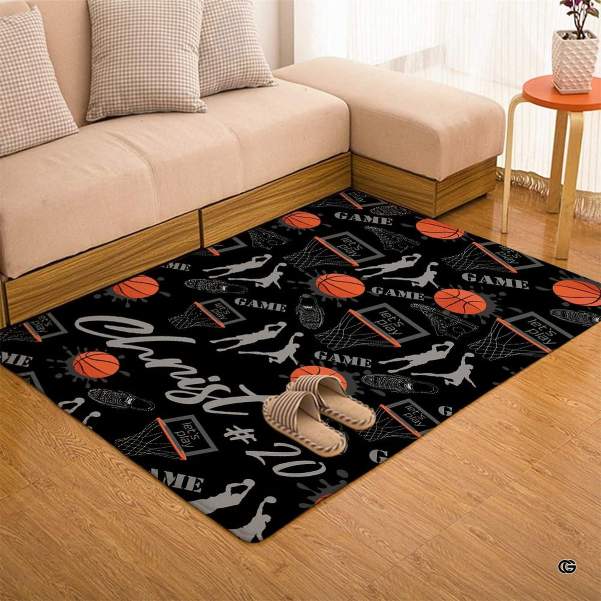Basketball sports area rug anchoring a modern decorative accent room space surrounded by dark athletic accents and seating.