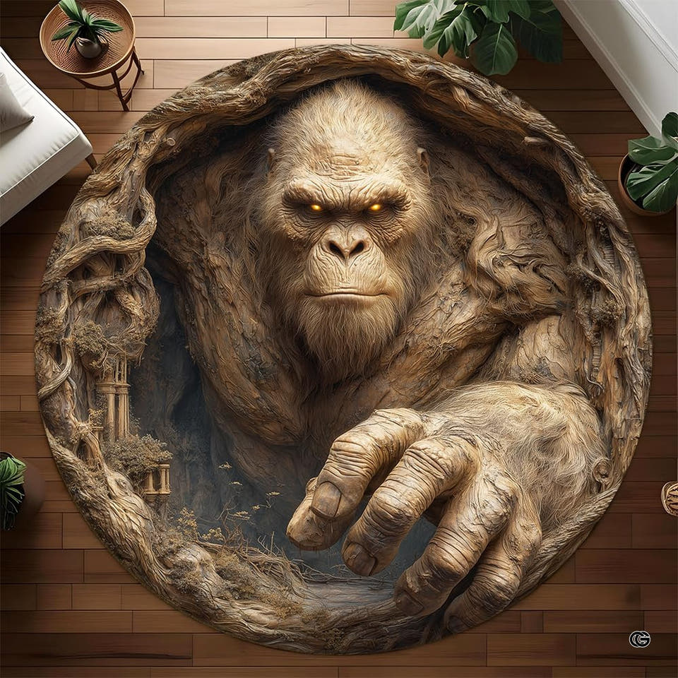 Round Yeti rug reaching from a twisted root cave