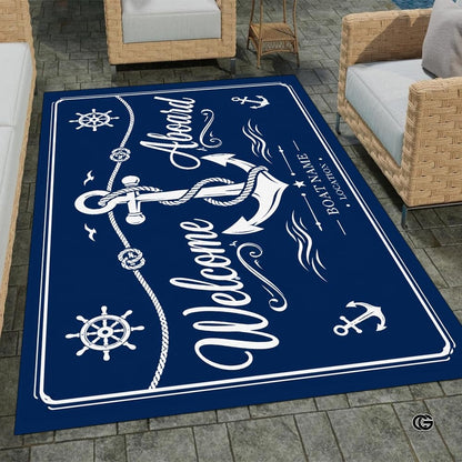 Custom Boat Rug, Personalized Welcome Aboard Mat with Boat Name, Nautical Area Rug for Deck, Entryway or Floor, Anchor Marine Decor, Boating Gift (Boat Rug 07)